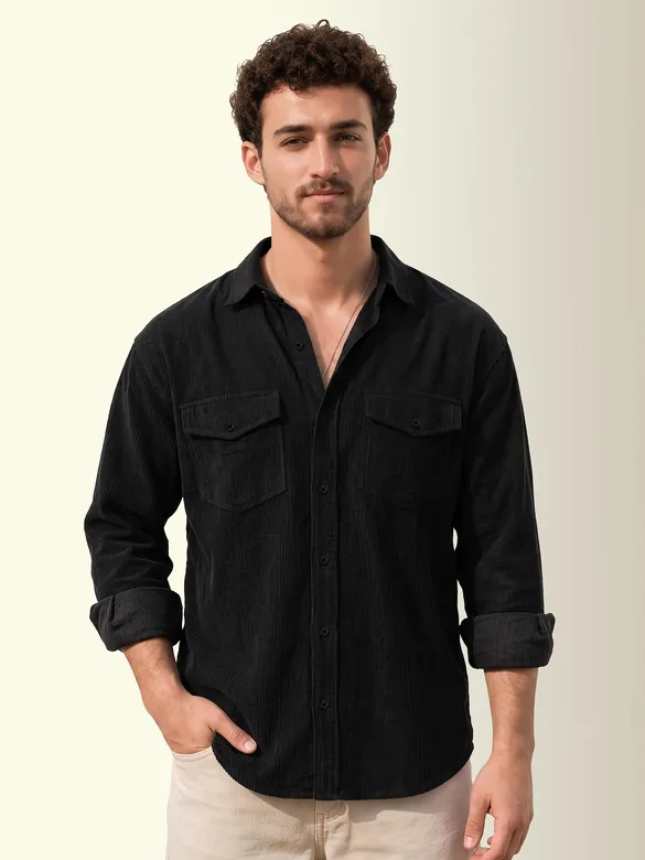 Black Dual Pocket Textured Corduroy Shirt